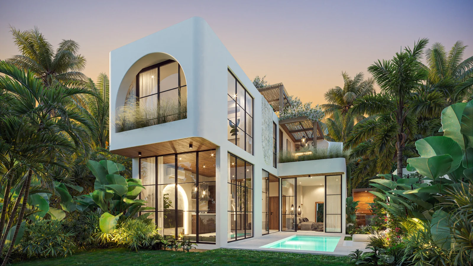 Serenity Villas - Villa exterior at dusk with private pool